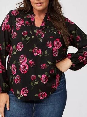 Floral V-Neck Long-Sleeve Blouse - Black/Pink Torrid Size 4